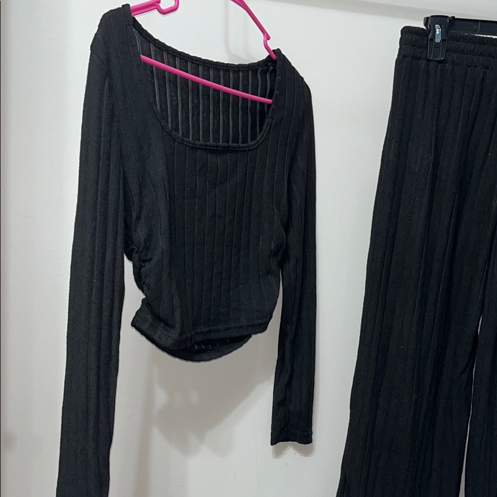Black Ribbed Long Sleeve Top and Pants Set